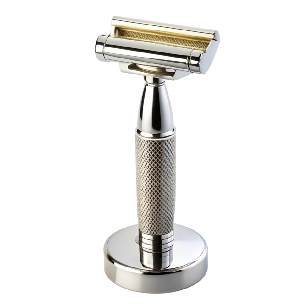 metal razor and stand with a classic design, ideal for traditional wet shaving and bathroom decor png