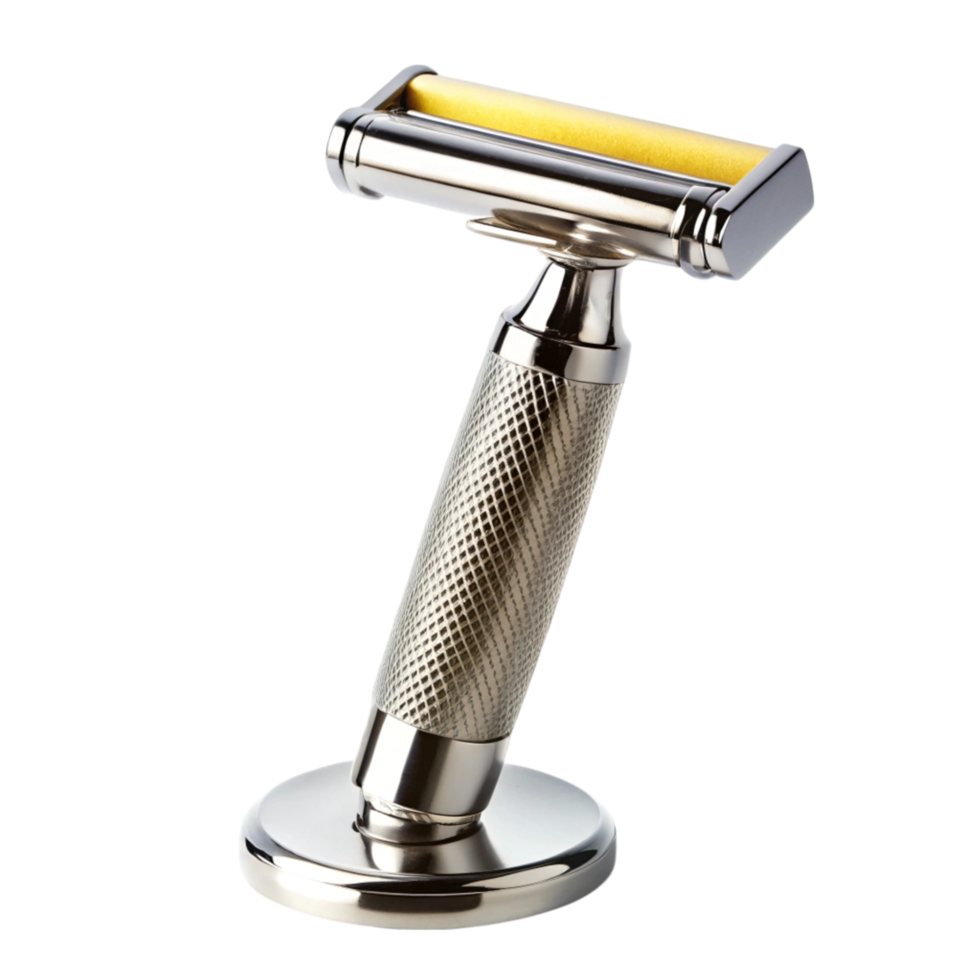 Premium stainless steel safety razor with textured grip and stand for elegant and precise grooming on a Transparent Background png