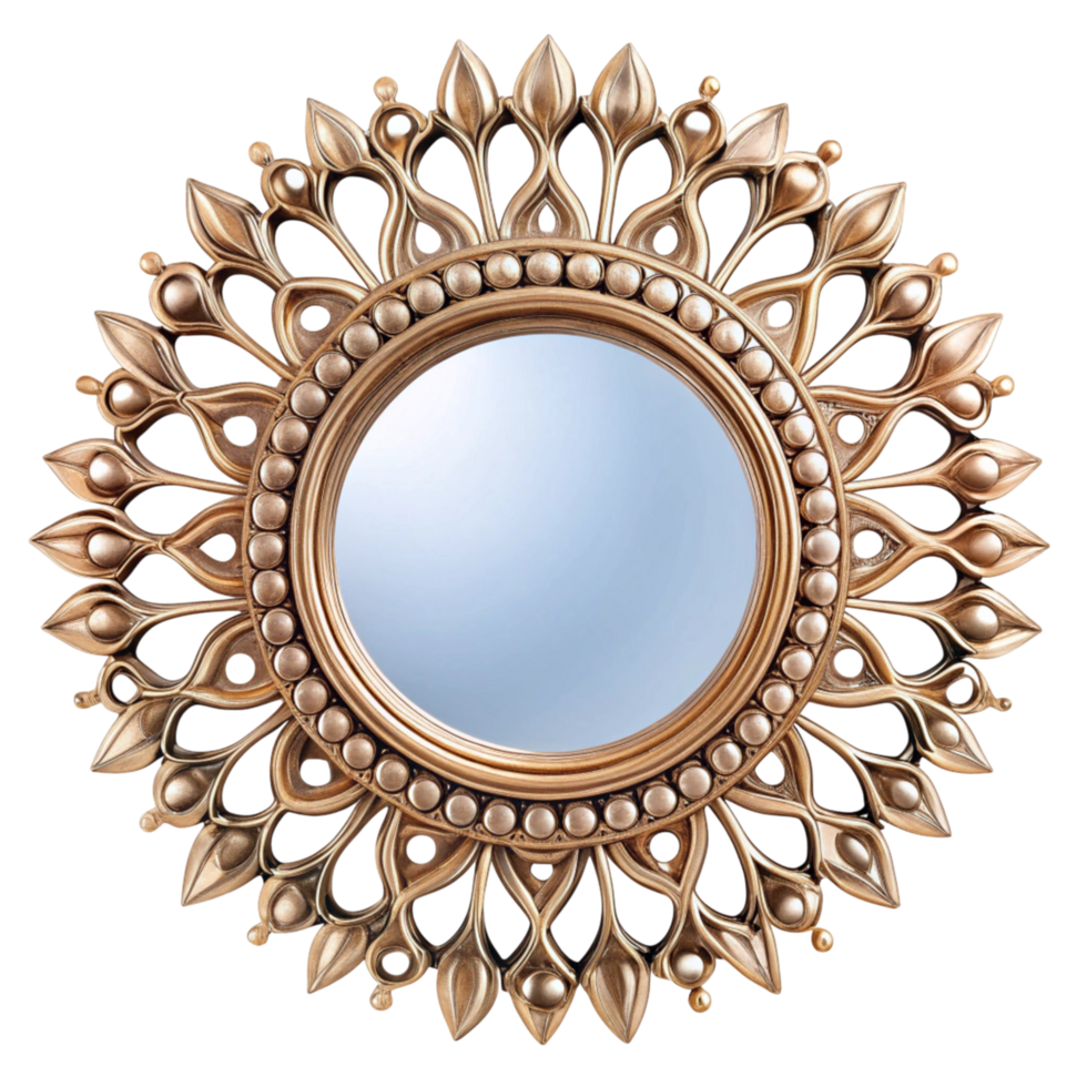 Decorative gold framed mirror with baroque inspired design, adding sophistication to modern or traditional spaces png