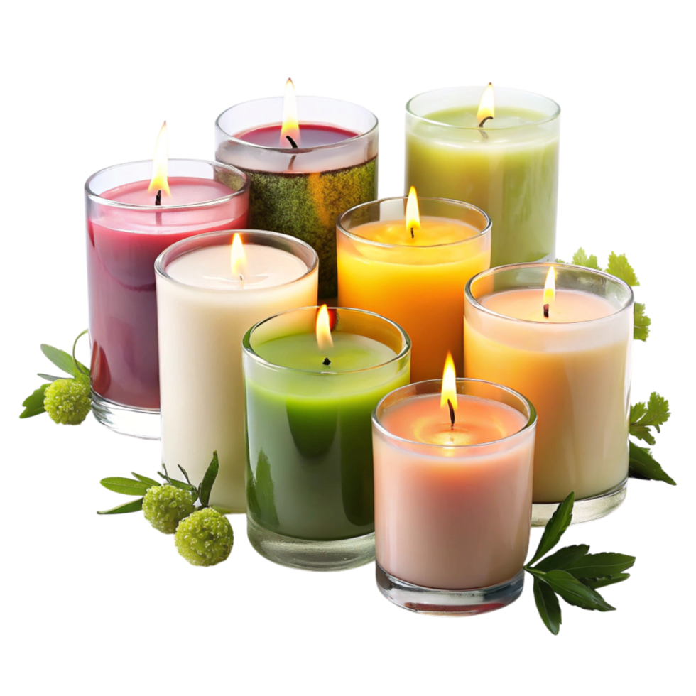 Collection of scented candles with various fragrances, perfect for relaxation, home decor, and gifting png