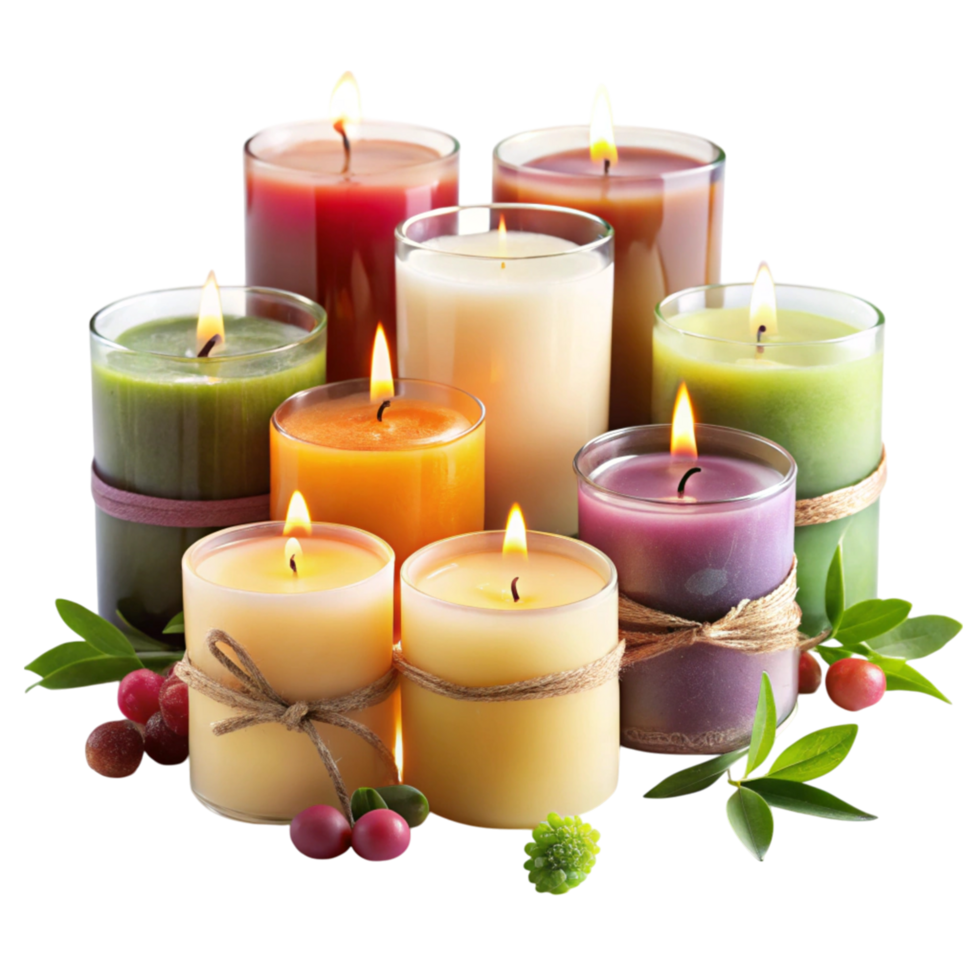 Vibrant scented candles in glass holders for a warm, inviting atmosphere and aromatherapy on a Transparent Background png