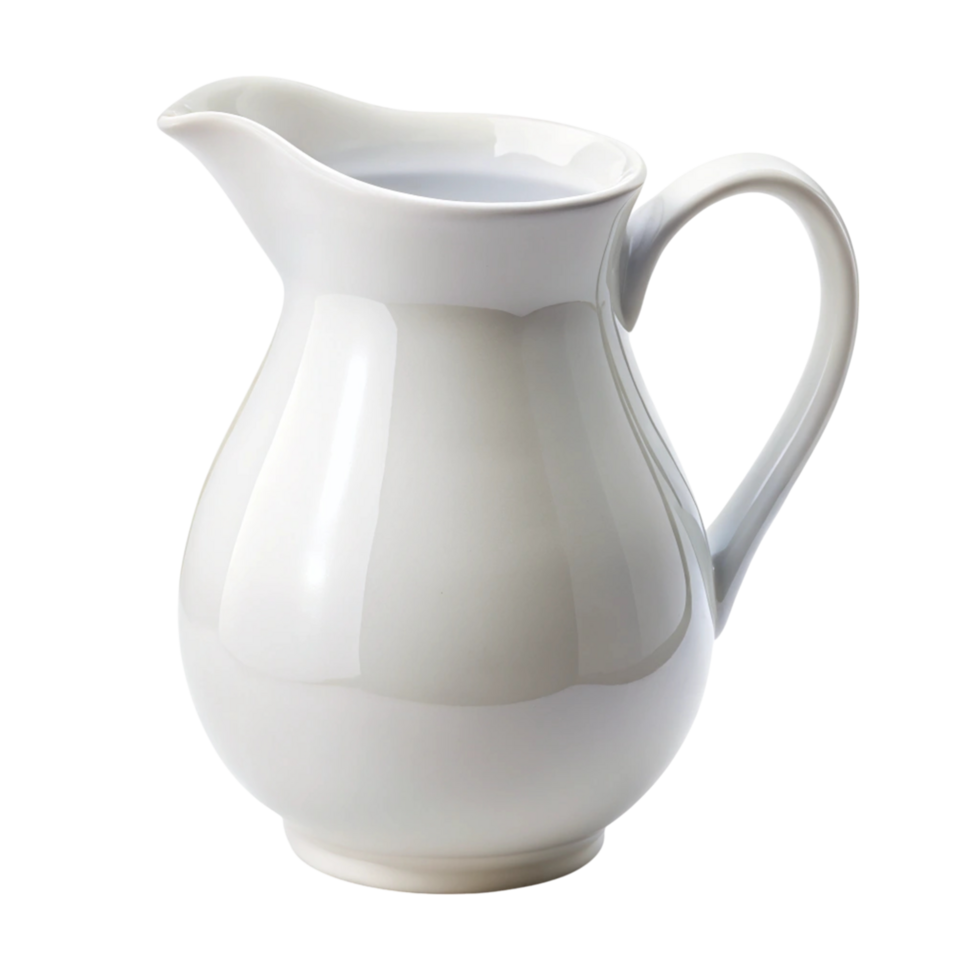 Minimalist ceramic water jug with curved handle and smooth finish, perfect for dining and home decor png