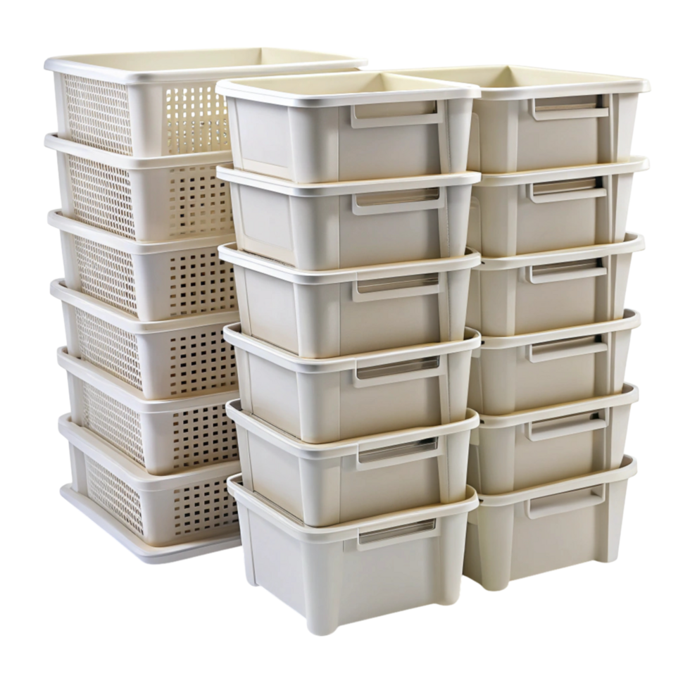 Multi purpose storage bins with stackable design, ideal for versatile storage solutions in closets or pantries png