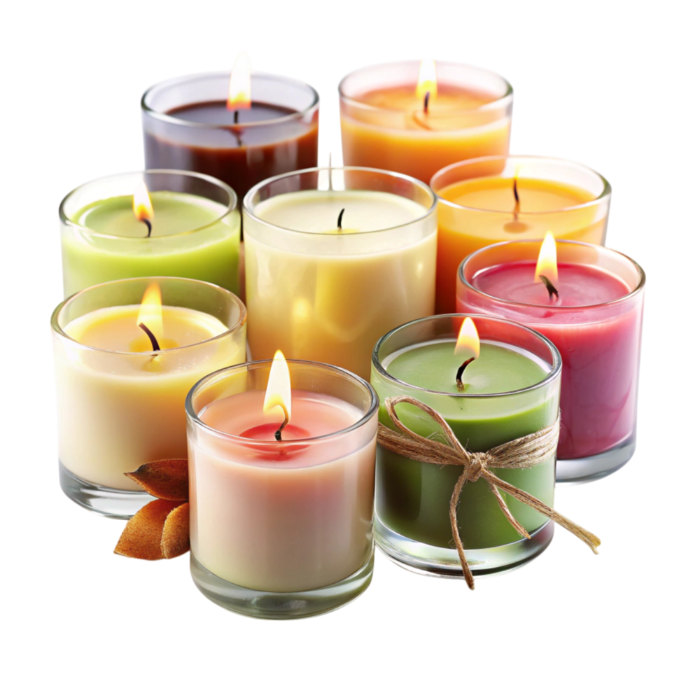 Assortment of colorful scented candles in glass jars, perfect for home decor and creating a cozy, aromatic ambiance png