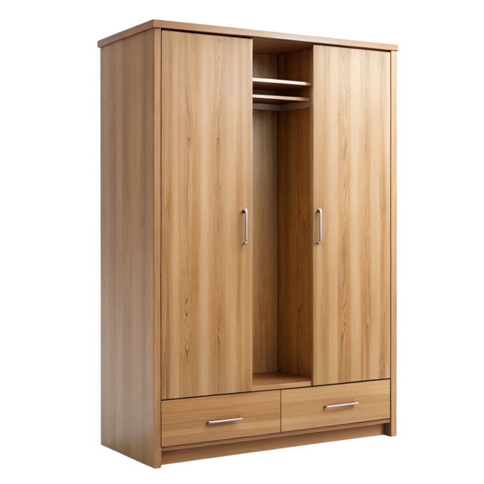Modern wooden wardrobe with sliding doors and versatile storage options for clothes, shoes, and accessories png