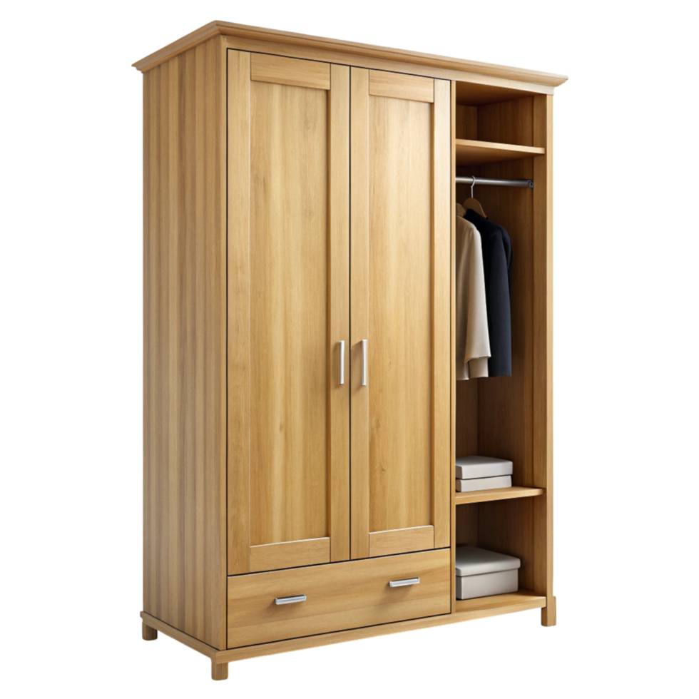 Classic oak finish wardrobe with built in shelves and drawers, ideal for efficient bedroom storage on a Transparent Background png