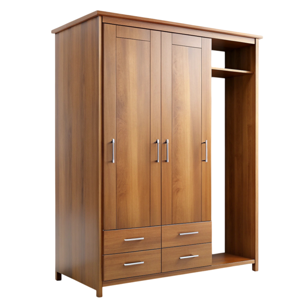 Elegant wardrobe with natural wood finish, featuring ample storage space and efficient design for organized living png