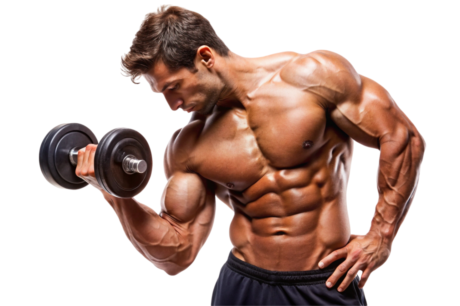Muscular man performing bicep curls with dumbbells for arm strength png