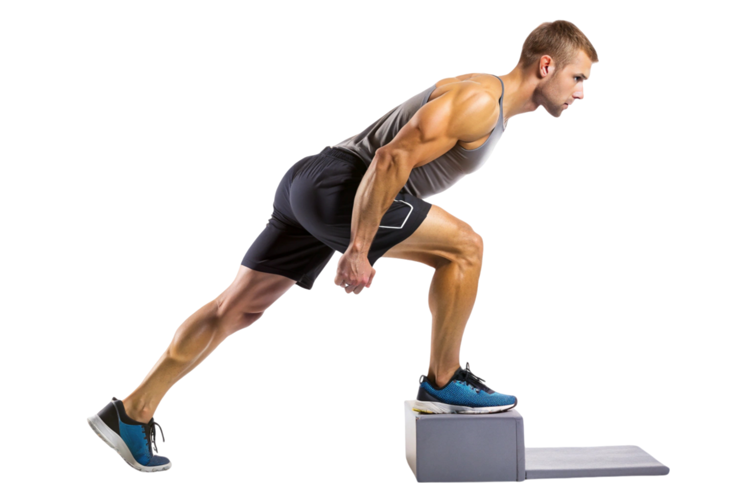Fit man doing a step up exercise on a block for lower body strength and balance training png