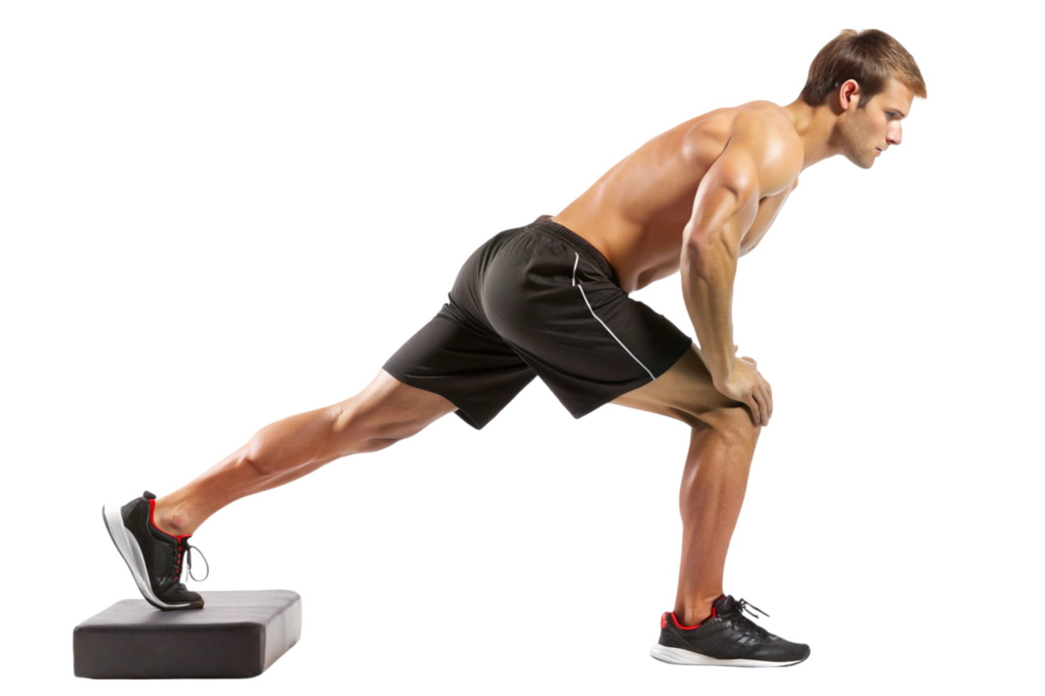 Athletic male performing a single leg step up exercise for leg strength and muscle building png