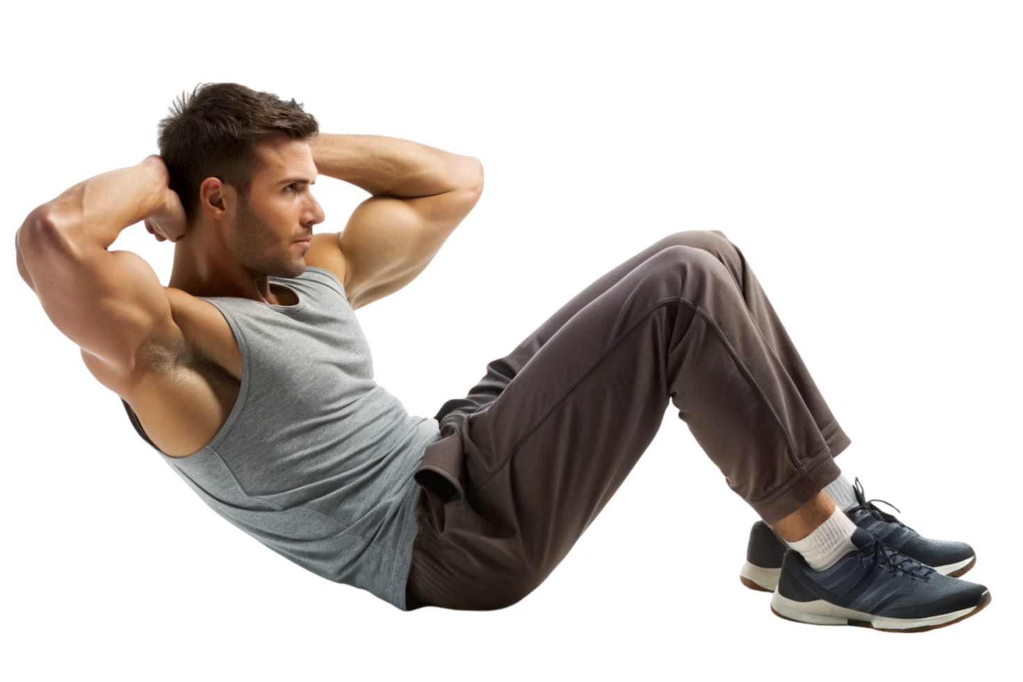 Man demonstrating a basic sit up exercise for effective abdominal muscle training png