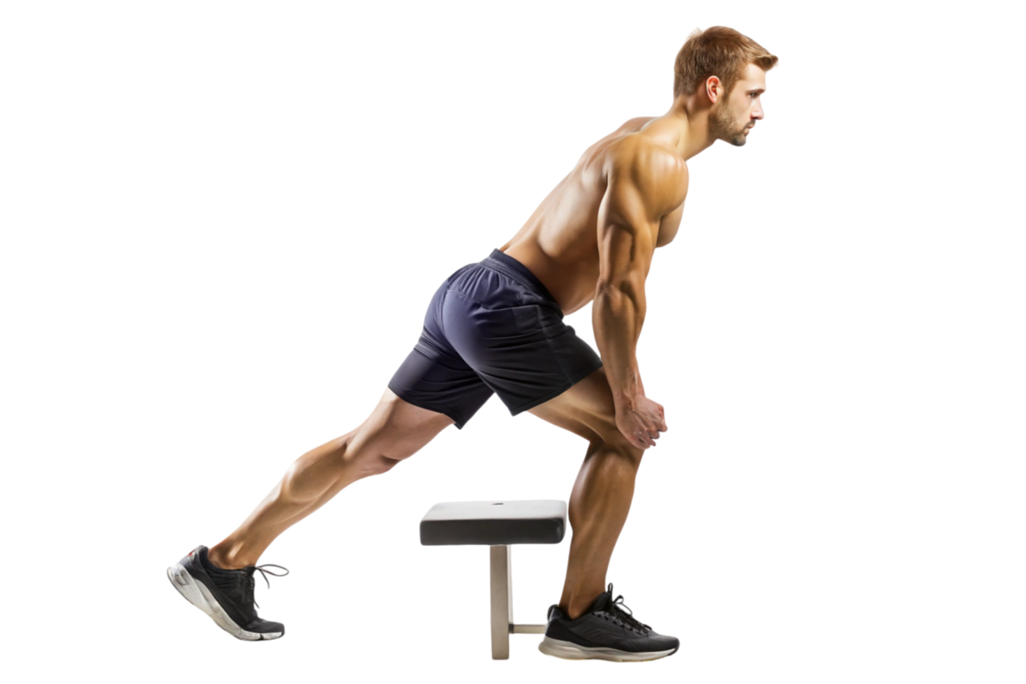 Muscular man practicing a lunge stretch for improved leg flexibility and balance png