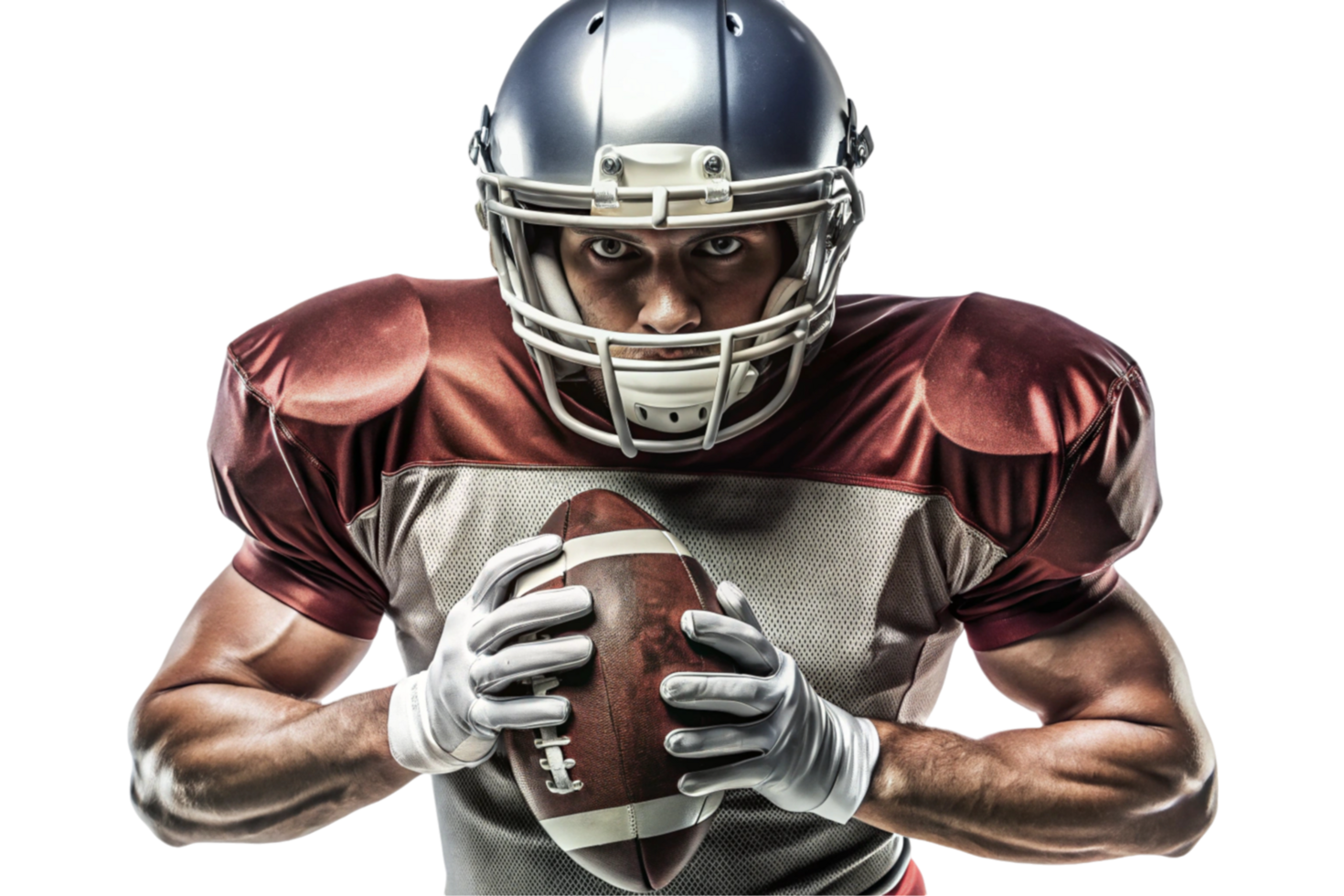 Intense football player in full gear holding a football and ready for action png