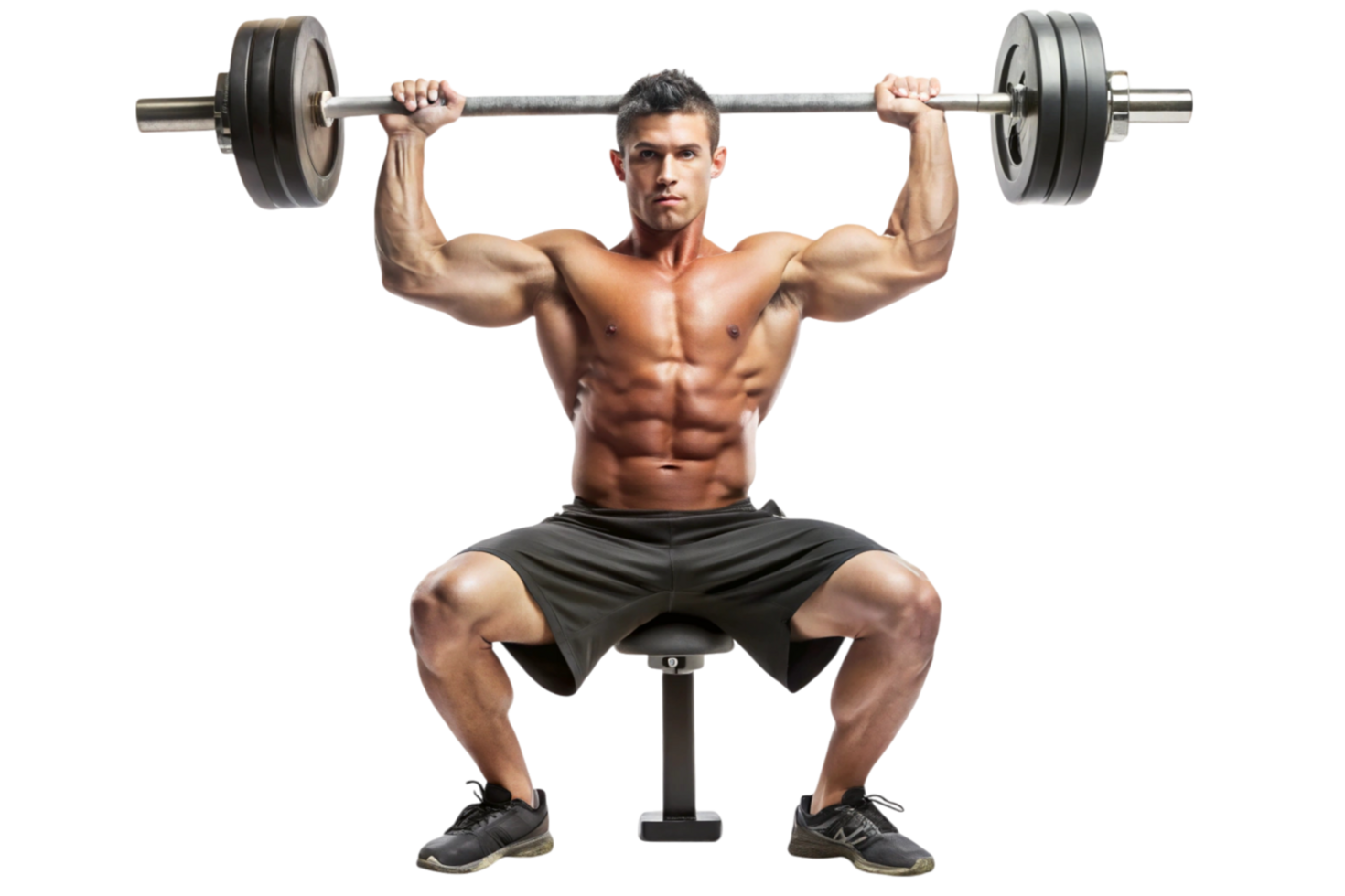 Fit male lifting a heavy barbell in an overhead press exercise for muscle building and strength training png