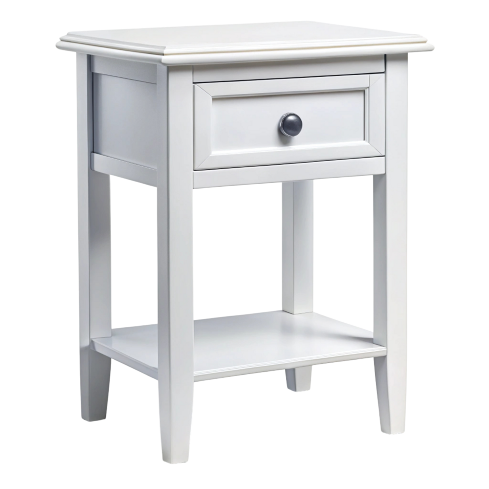 Classic white bedside table with a single drawer and lower shelf ideal for bedroom storage and decor on Transparent Background png