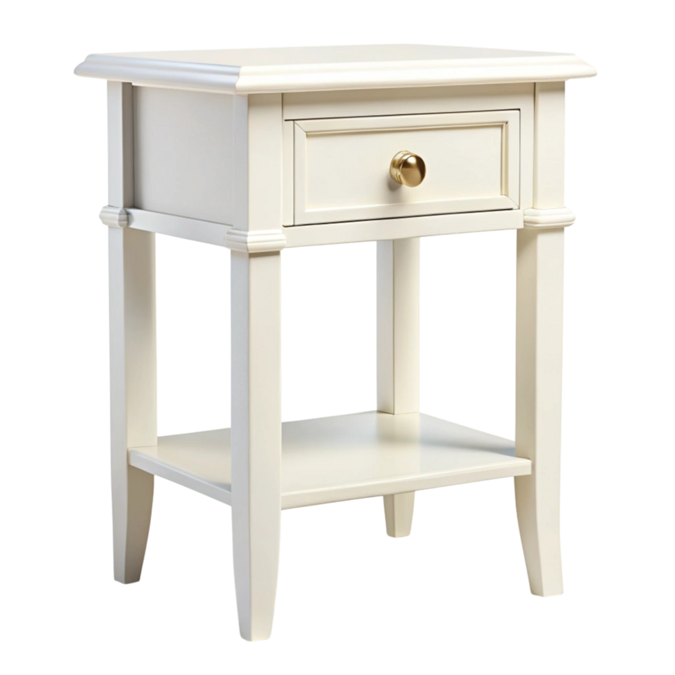 Simple and chic bedside table in white finish with drawer and bottom shelf suited for modern and traditional decor png