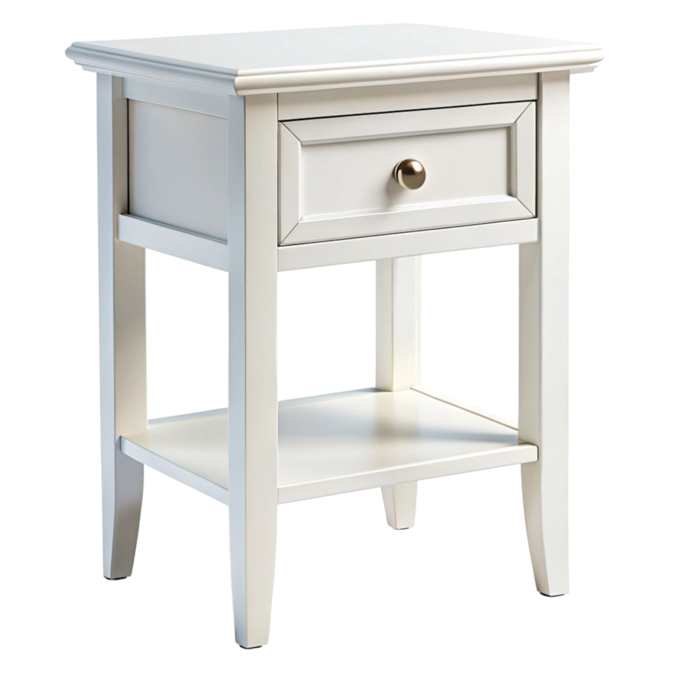Minimalist white bedside table with storage drawer and open shelf for a stylish and functional bedroom setup png