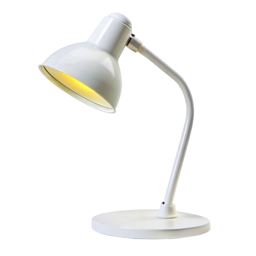 Simple white desk lamp with adjustable head ideal for focused lighting on workspaces and study areas on Transparent Background png