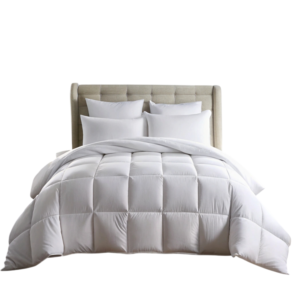 Luxurious white bedding set with plush comforter and pillows perfect for adding warmth and style to any bedroom png