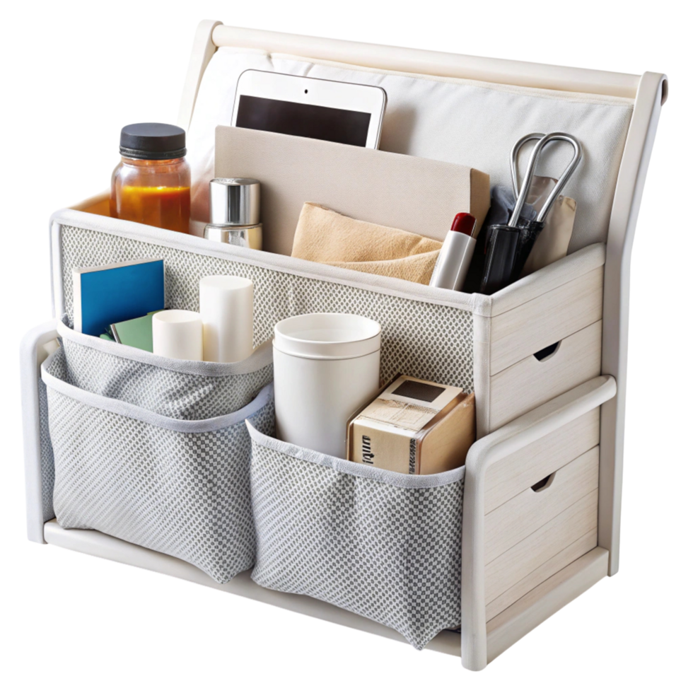 Compact bedside organizer with multiple pockets and compartments ideal for organizing essentials on Transparent Background png