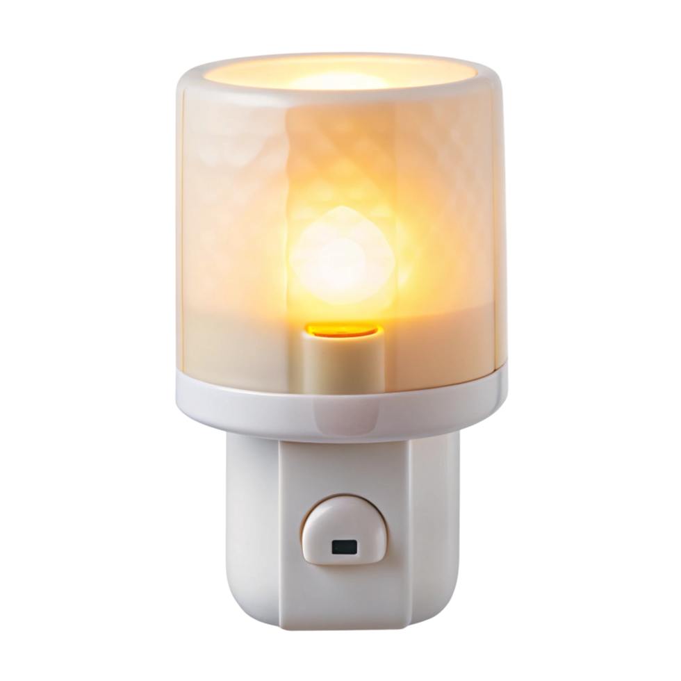 Compact plug in nightlight with soft amber glow for ambient lighting ideal for bedrooms and hallways on Transparent Background png
