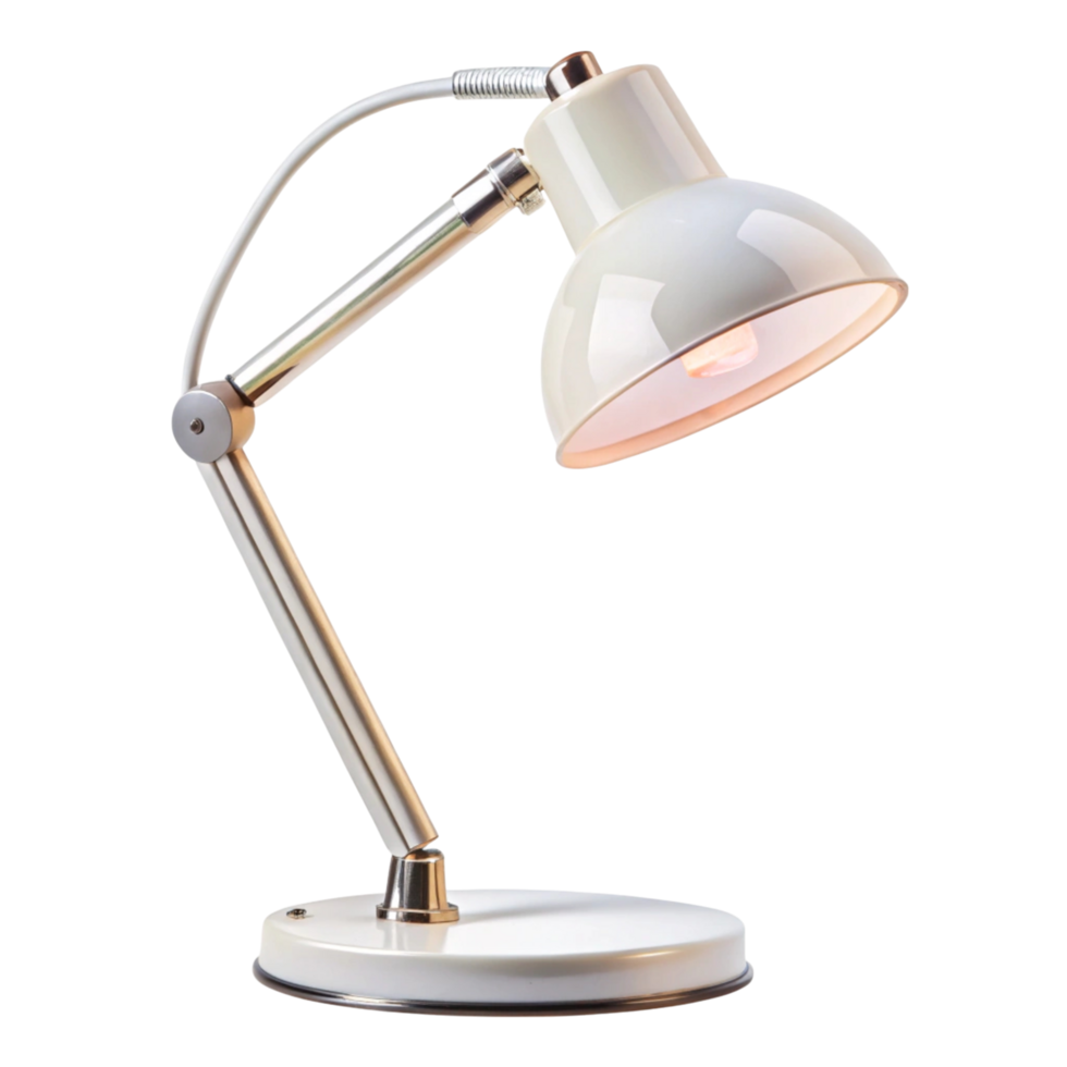 Elegant and functional white desk lamp with curved stand designed for efficient lighting on desks and workstations png