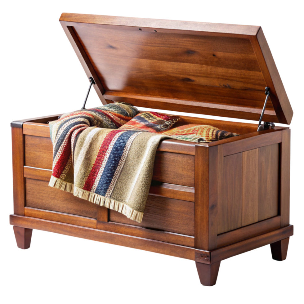 Classic wooden blanket chest with plaid throw creating a warm and rustic storage solution for home decor on Transparent Background png