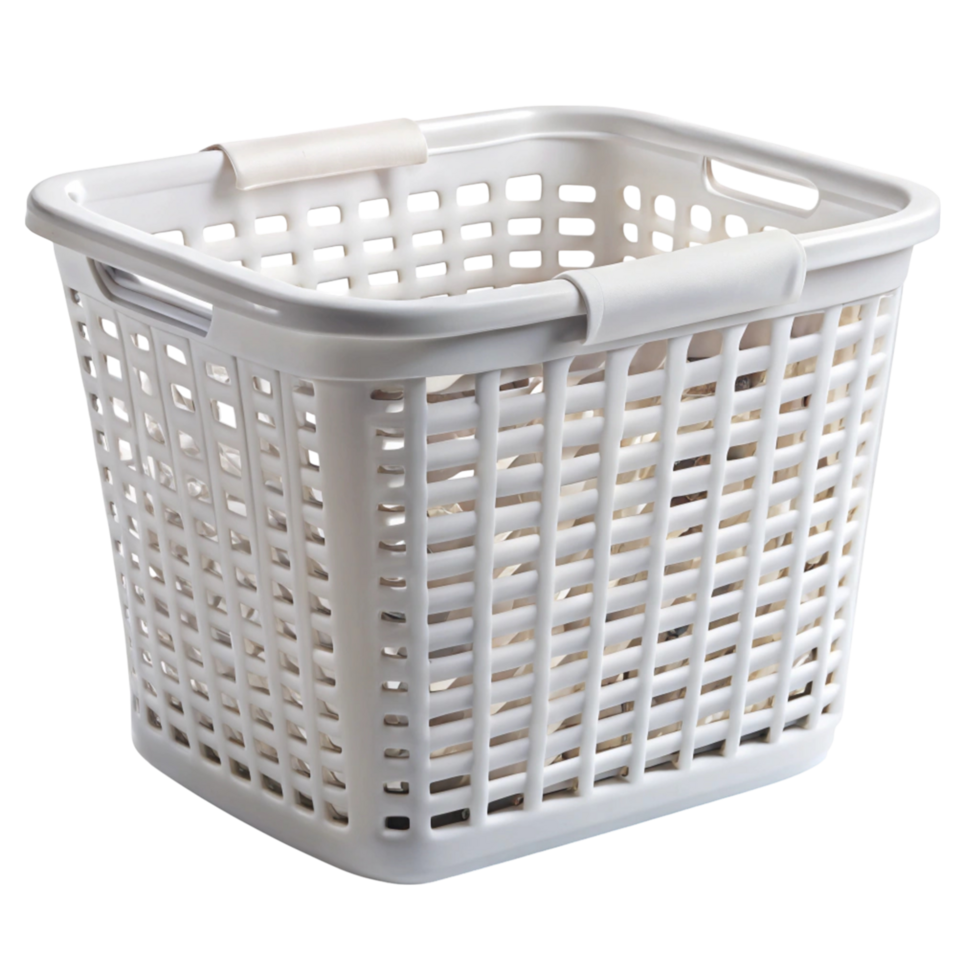 Sturdy plastic laundry basket with open grid pattern for airflow keeping clothes fresh on Transparent Background png
