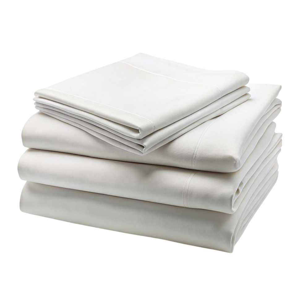 Elegant folded white sheet set with smooth texture offering a luxurious and fresh feel for any bedroom decor png