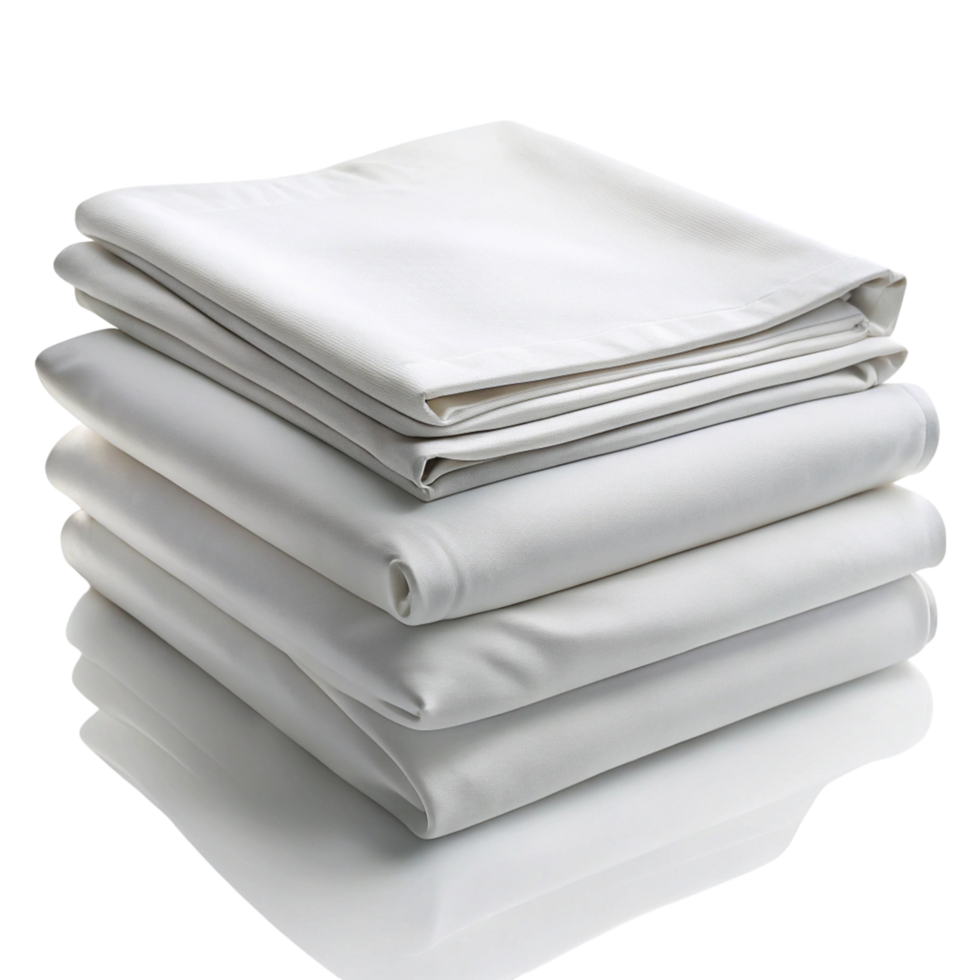 High quality white bed sheets folded and stacked ready for use in any modern comfortable bedroom setting png