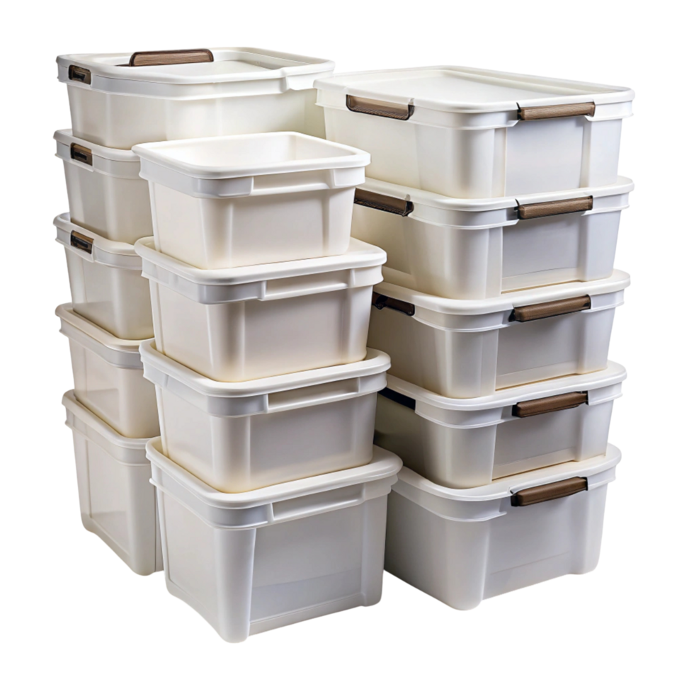Colorful storage bins arranged in stacks, perfect for storage solutions in homes, offices, or warehouses, isolated on Transparent Background png