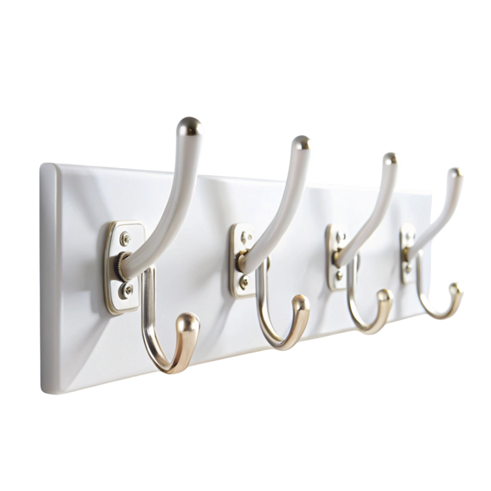Three sturdy metal wall hooks in sleek white design, perfect for hanging coats, bags, and accessories in modern spaces png