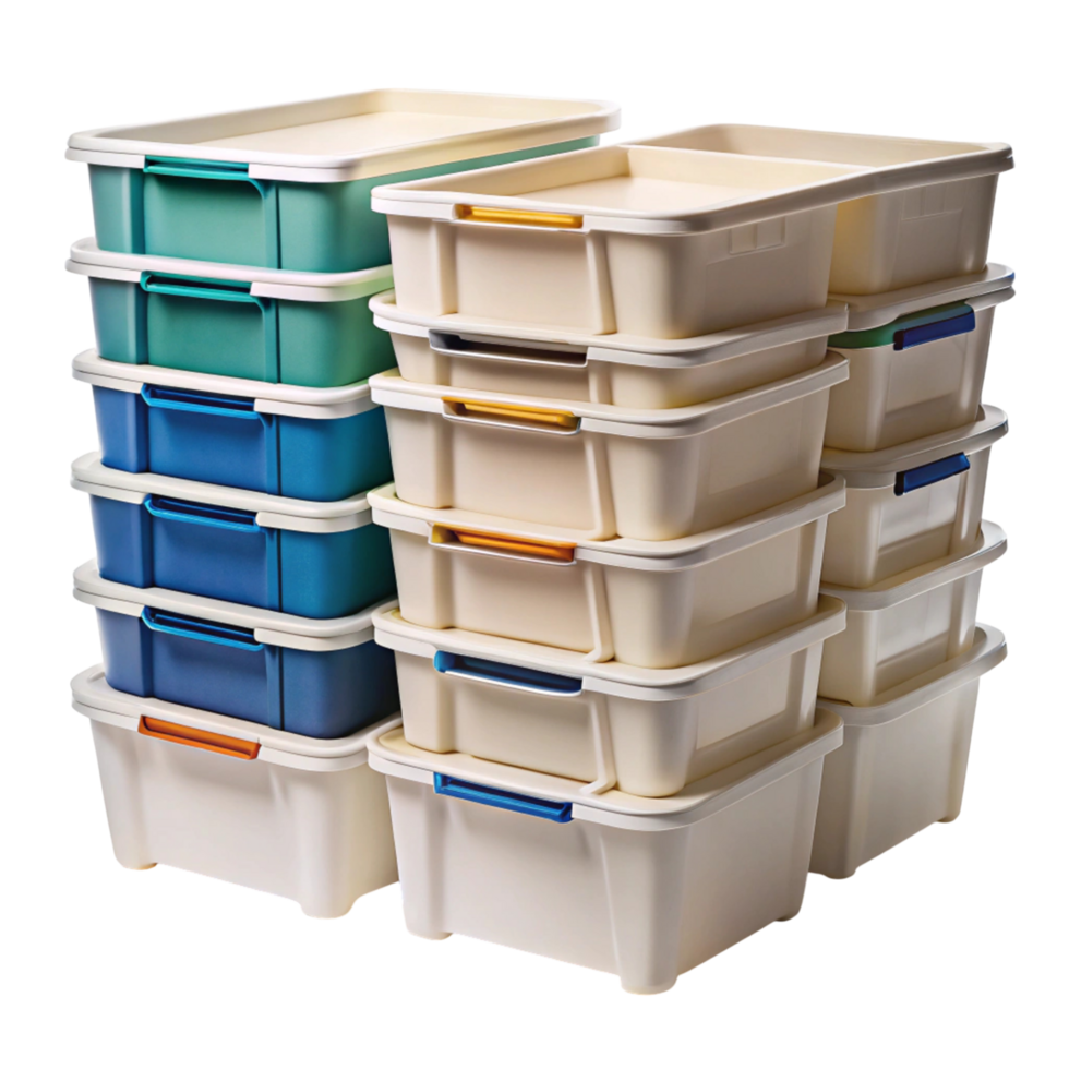 Neatly stacked storage containers with green, yellow, red, and blue lids, designed for organizing and storing items efficiently png