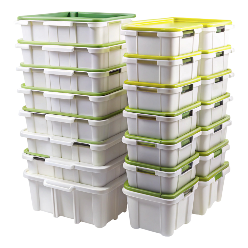 Stacked plastic storage bins with vibrant colored lids for efficient organization, ideal for home or office use on Transparent Background png