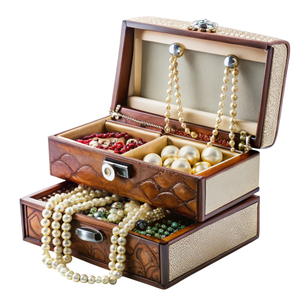 Beautifully crafted jewelry box with compartments for storing pearls and jewelry adding elegance to any vanity png