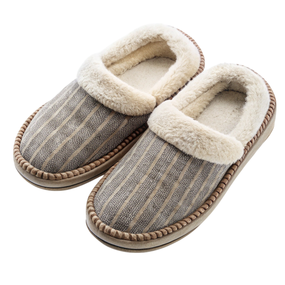 Warm and cozy fleece lined slippers with striped fabric design, perfect for indoor comfort during cold seasons on Transparent Background png