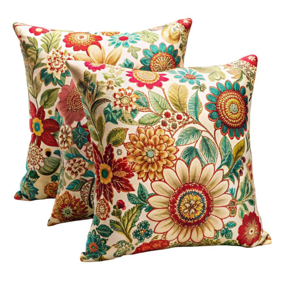 Set of embroidered pillows with vibrant colors and unique designs bringing a touch of elegance and warmth to any decor png