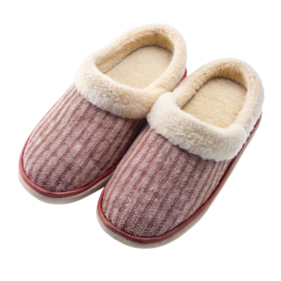 Soft indoor slippers with fluffy lining and stylish stripes, providing comfort and warmth for home relaxation on Transparent Background png