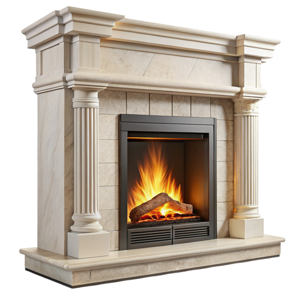 Traditional fireplace design with bright flames, perfect for cozy winter settings and interior design themes png