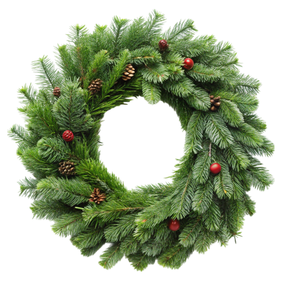 Festive Christmas wreath made of lush green branches, pine cones, and berries, isolated for seasonal designs png