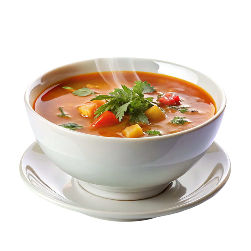 Warm, aromatic bowl of soup with vegetable pieces and a garnish of parsley, steaming in a white bowl png