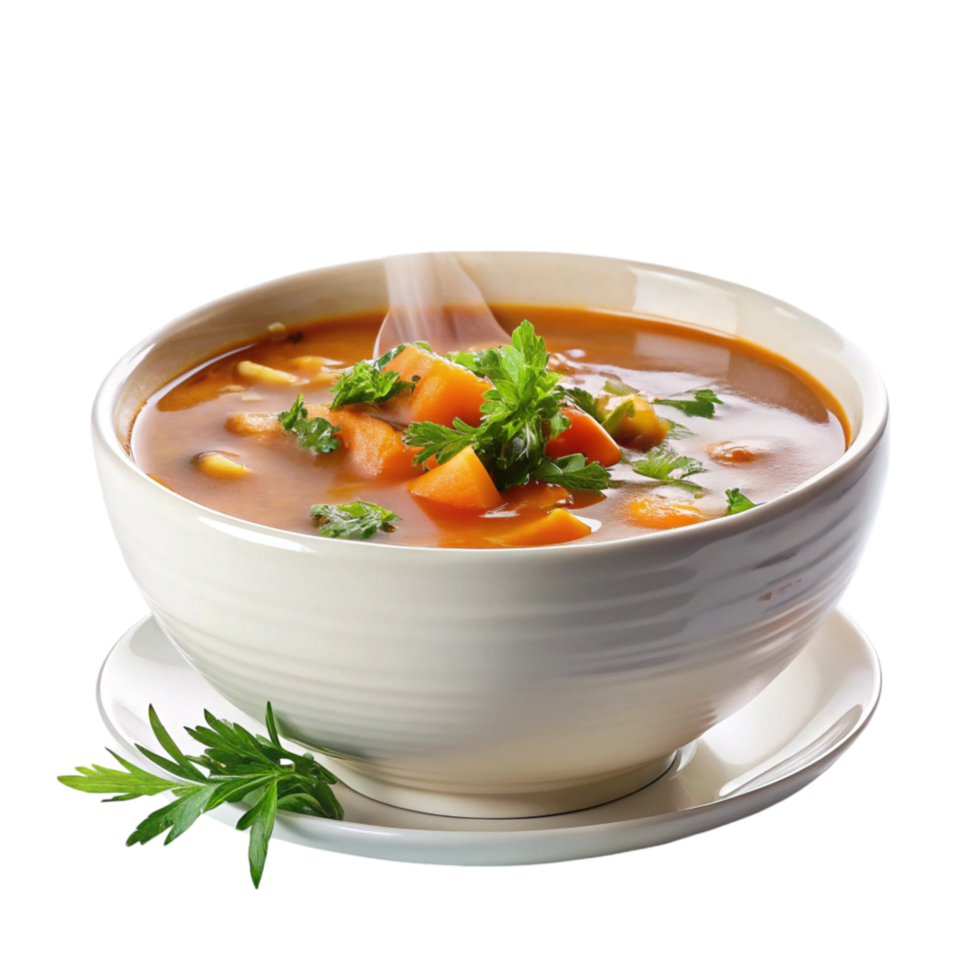 Freshly prepared hot soup with a delicious mix of vegetables, served with a hint of fresh parsley png