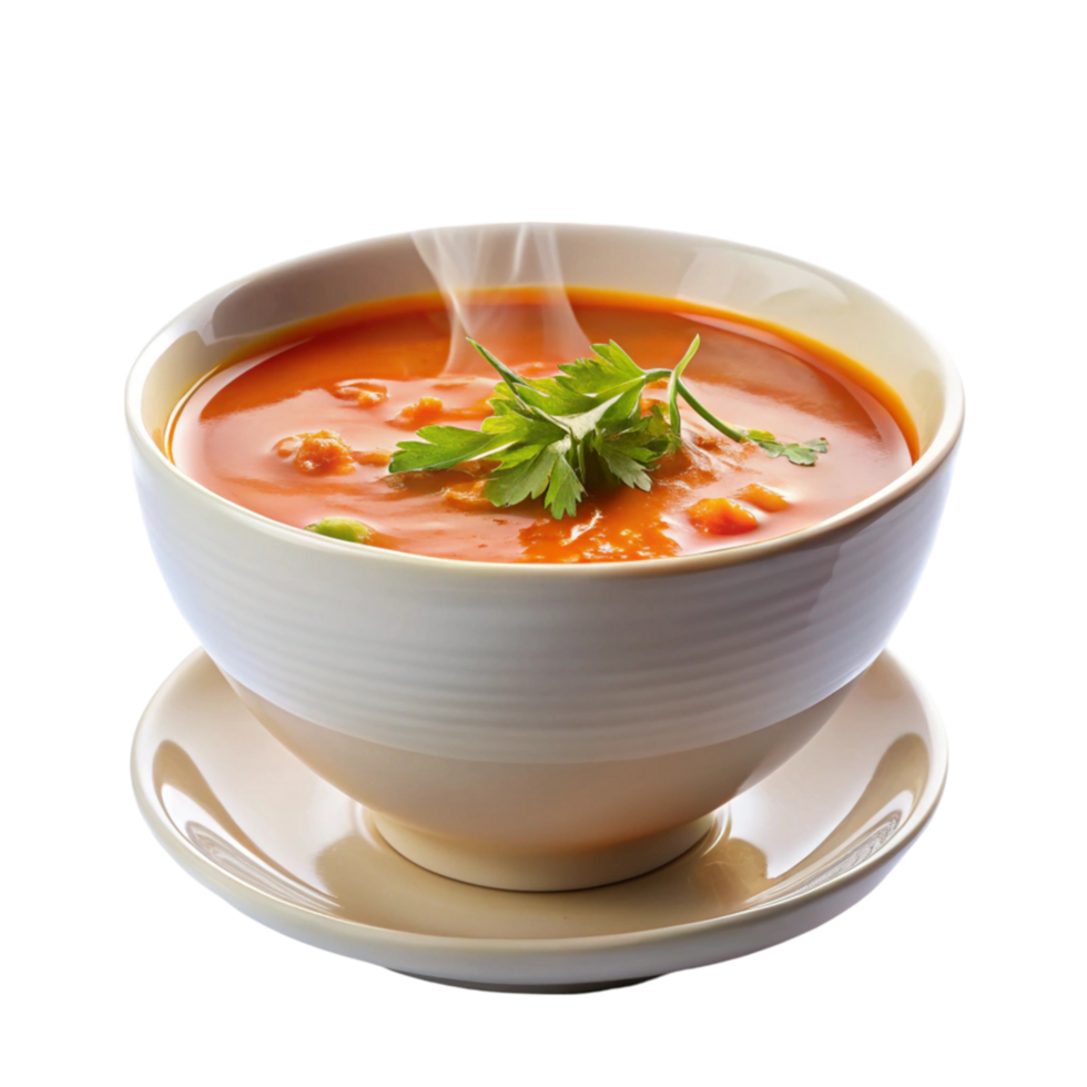 Steaming bowl of tomato vegetable soup garnished with fresh parsley, perfect for a cold winter day png