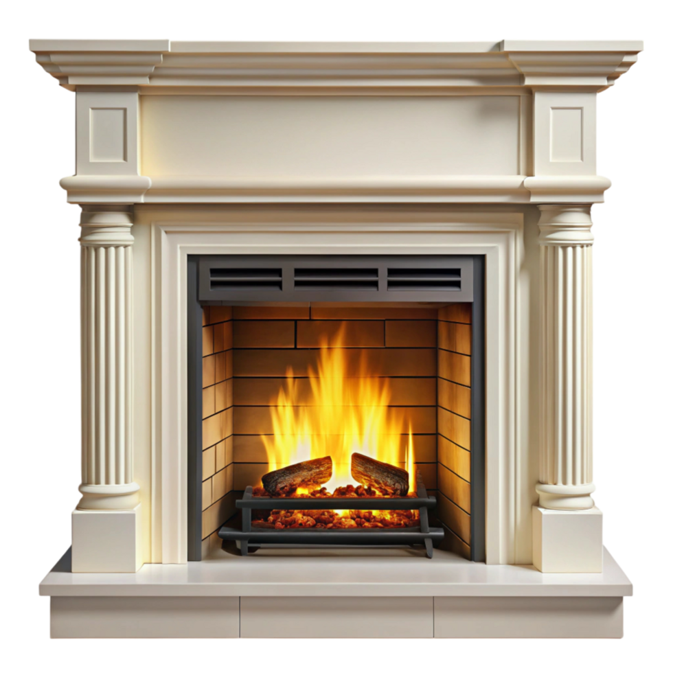 Elegant classic fireplace with burning fire, isolated on Transparent Background for warm home decor concepts png
