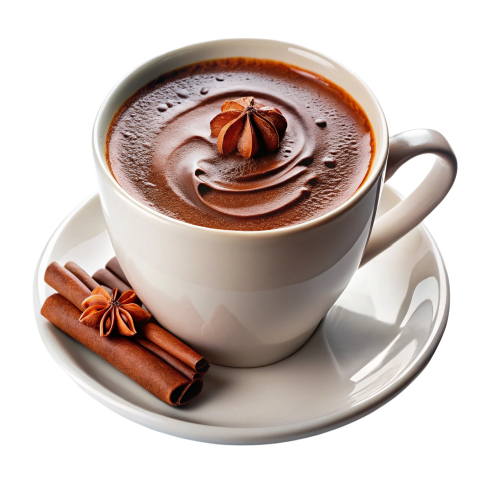 Indulgent cup of hot chocolate served with a hint of spice from star anise and cinnamon sticks for a warm delight png
