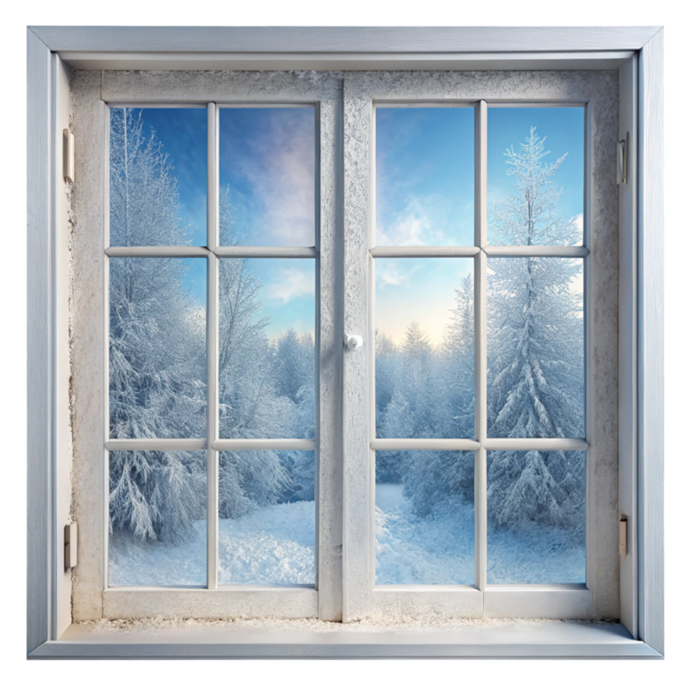 Snowy trees and a frosted glass window capturing the beauty of winter scenery png