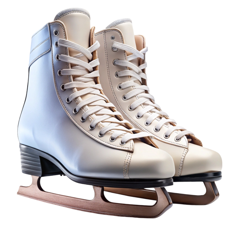 Stylish pair of white ice skates with sharp blades, ideal for figure skating png