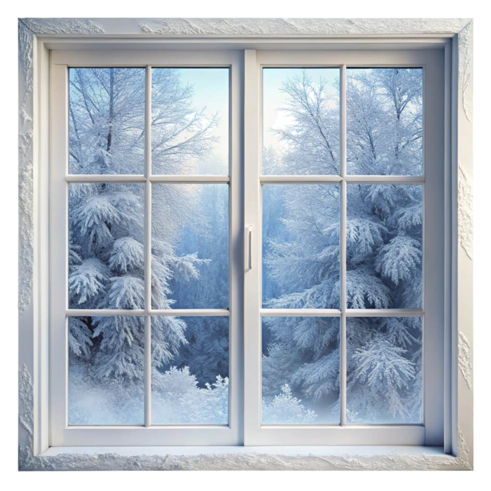 Frosted window with a serene view of snow covered trees and a peaceful winter landscape png