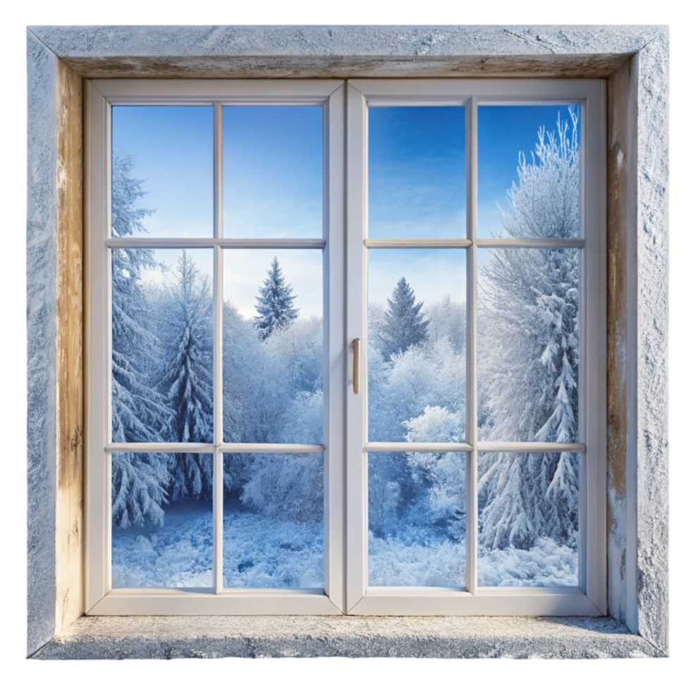 Icy blue winter scene through a window with frost and snow covered forest outside png