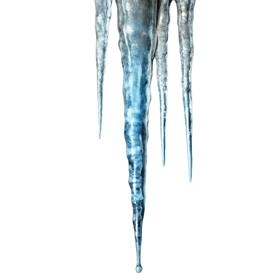 Detailed view of frozen icicles with textured surface, emphasizing winter freeze and natural ice formations png